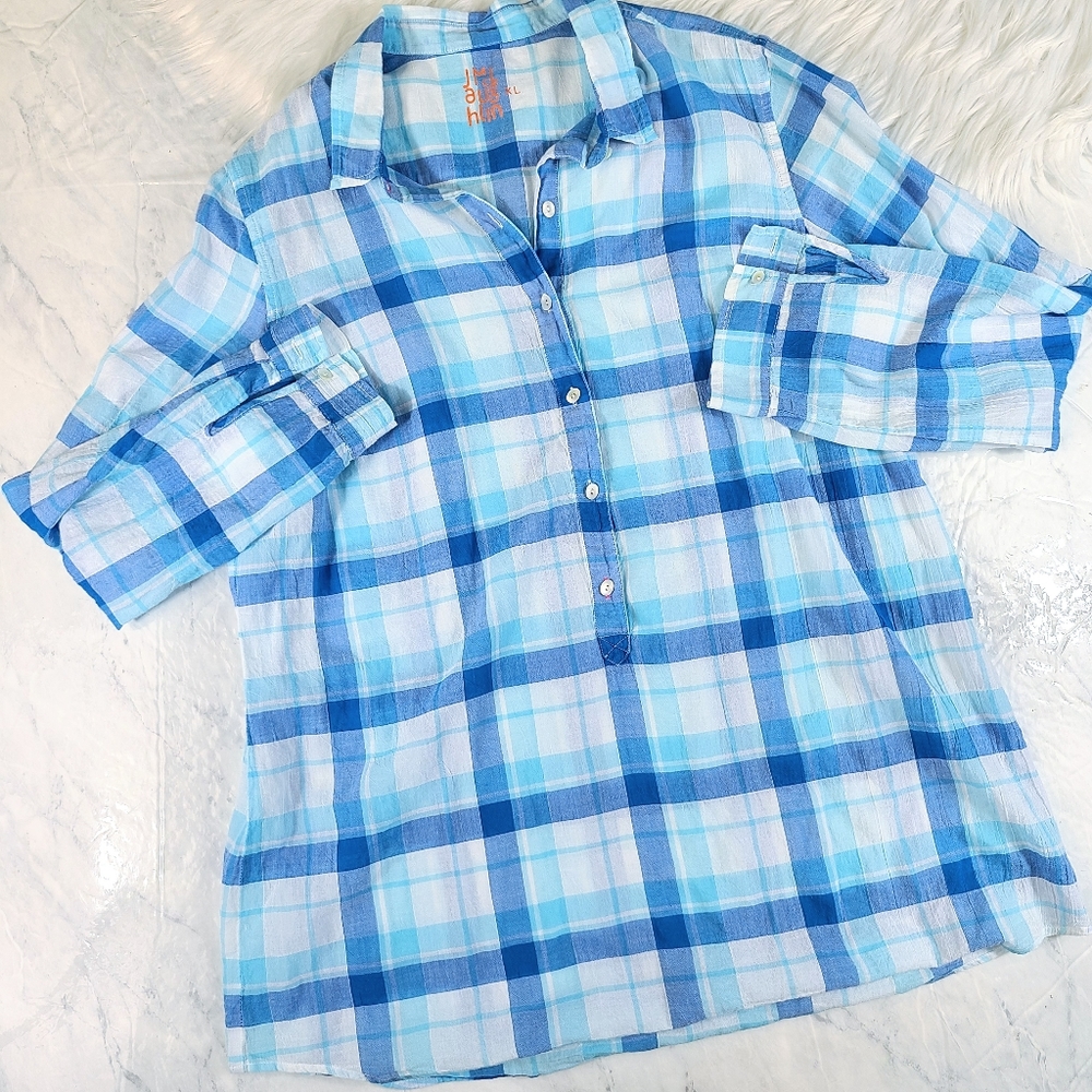 J. Mclaughlin Blue Plaid Wren Half Button Down